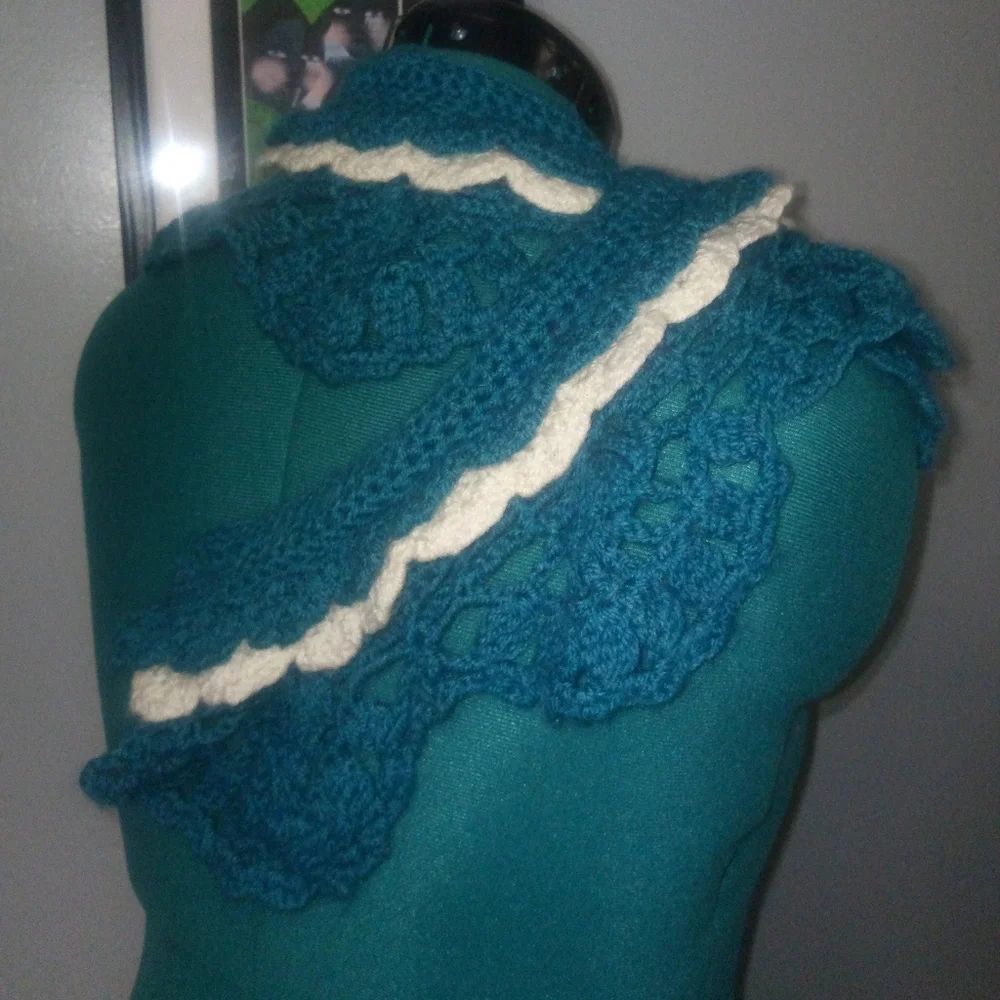 Crochet Multi-Wear Scarf/Wrap/Vest/Accessory in Teal & White NEW